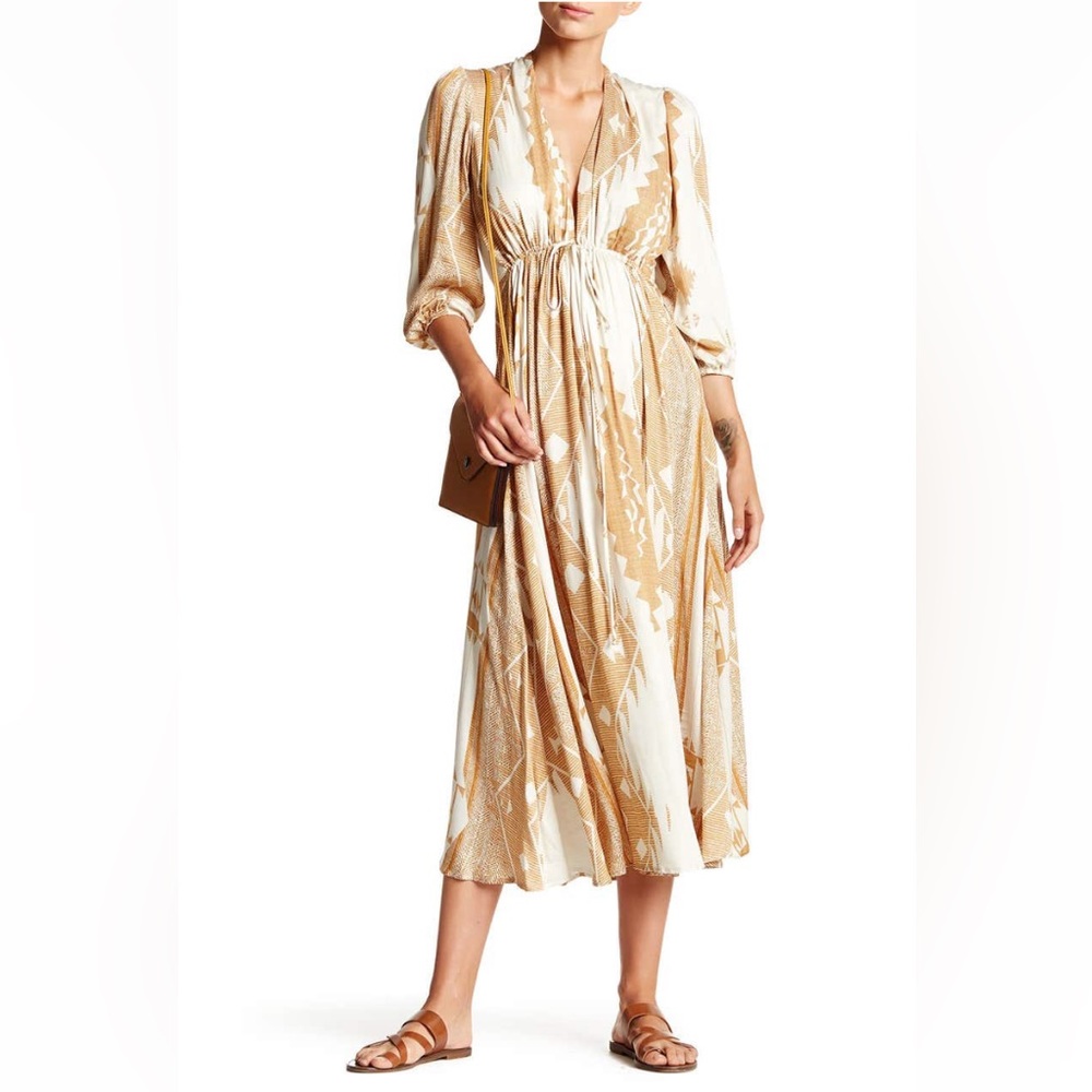 VaVa By Joy Han Freya Tan White Bohemian Drawstring Waist Maxi Dress XS
